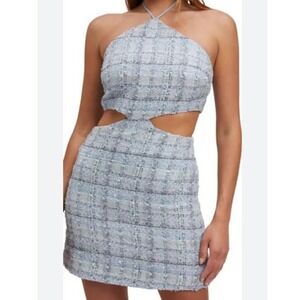 Bardot‎ Roma Plaid Cutout Halter Minidress Light Blue Sequins Sparkle Size S